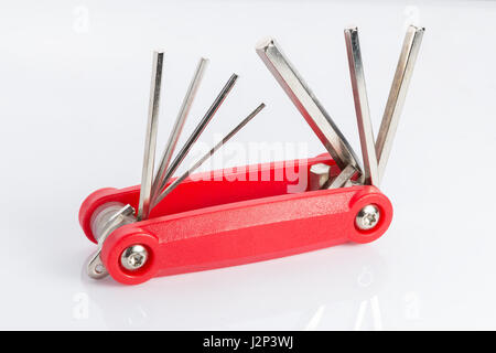 Hex Key Set in red plastic case with 7 keys, on white background Stock Photo