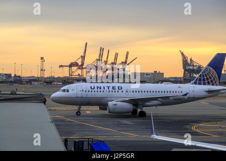 At newark airport, newark, NJ - December 31, 2016: United airlines airplane in the newark airport. Stock Photo