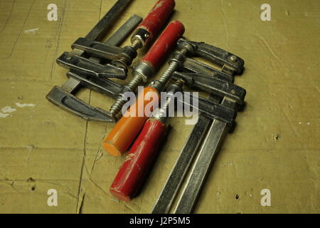 Used clamps, carpentry tools close to Stock Photo
