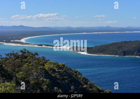 View of Karuah River at its mouth from Mount Tomaree on sunny day. Stock Photo