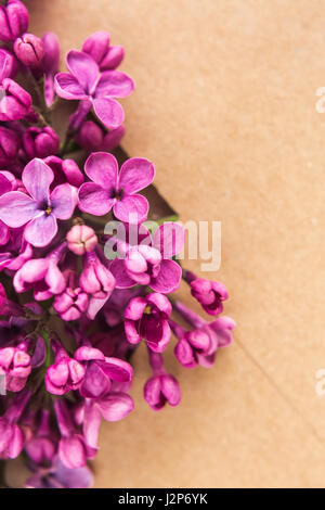 Sprigs of Lilac in postal envelope on wooden background. copy space.spring mood. international women's day. the freshness of flowers.The inscription on the letter -happy Stock Photo