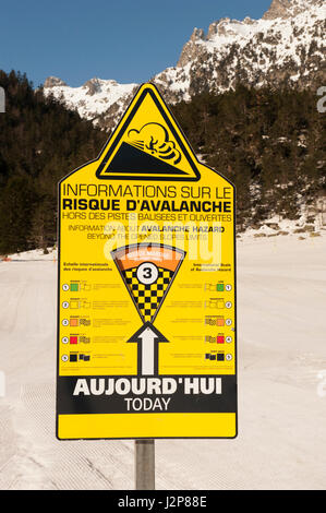 Avalanche warning sign at Pont d'Espagne, Cauterets, Pyrenees, France Stock Photo