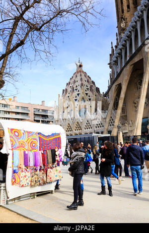 Market stall selling souvenirs outside Gaudi's La Sagrada Familia, Barcelona, Spain. Stock Photo