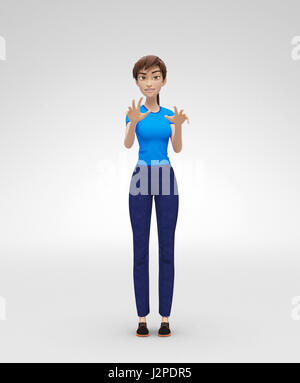 Mischievous, Greedy and Threatening Jenny - 3D Cartoon Female Character Model - Reaching Out with Crawling Look Like Spider Stock Photo