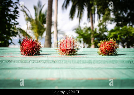 Fresh fruits on the table. Close to the beach. Good breakfast at the morning. Stock Photo