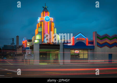 CHICAGO, IL -16 June 2015- Neon sign at Chicago's Landmark Waveland Bowling Alley accentuated with lights of busy road traffic. Stock Photo