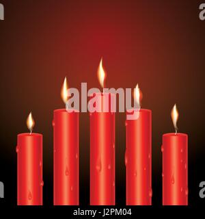 Realistic Red Glowing Candles with Melted Wax. Vector Illustration. Stock Vector