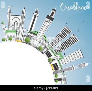 Casablanca Skyline with Gray Buildings, Blue Sky and Copy Space. Vector Illustration. Business Travel and Tourism Concept with Historic Architecture.  Stock Vector