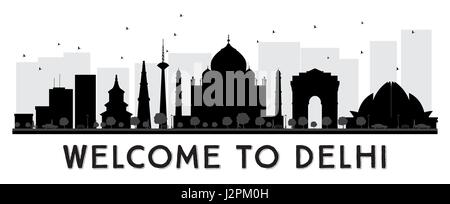 Delhi City Skyline Black and White Silhouette. Vector Illustration. Stock Vector