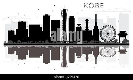 Kobe City skyline black and white silhouette with reflections. Vector illustration. Simple flat concept for tourism presentation, banner, placard. Stock Vector