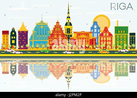 Riga Skyline with Color Buildings, Blue Sky and Reflections. Vector Illustration. Business Travel and Tourism Concept with Historic Architecture. Stock Vector