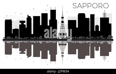 Sapporo City skyline black and white silhouette with reflections. Vector illustration. Simple flat concept for tourism presentation, banner, placard Stock Vector