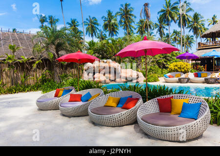 luxury hotel. chaise lounges on a terrace Stock Photo