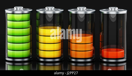 Four different battery levels on black background. 3D illustration. Stock Photo