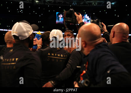 Anthony Joshua celebrates victory over Wladimir Klitschko during their IBF, WBA and IBO Heavyweight World Title bout at Wembley Stadium, London. PRESS ASSOCIATION Photo. Picture date: Saturday April 29, 2017. See PA story BOXING London. Photo credit should read: Nick Potts/PA Wire Stock Photo