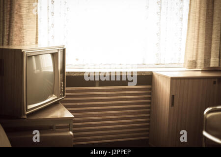 50s interior design. window and tv. Stock Photo