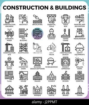 Construction & Buildings concept detailed line icons set in modern line icon style concept for ui, ux, web, app design Stock Vector