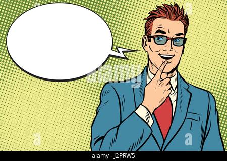smiling businessman was up to something, a finger to her lips Stock Vector