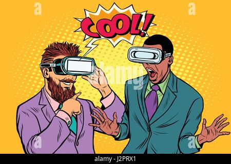 Bearded hipster and African American cool emotions in VR glasses Stock Vector