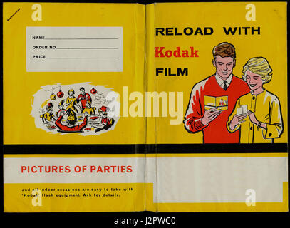 A 1960s Kodak film wallet, in company colours of yellow and red. 'Reload with Kodak film' title. Nice illustration of a 1960s couple on front. Stock Photo