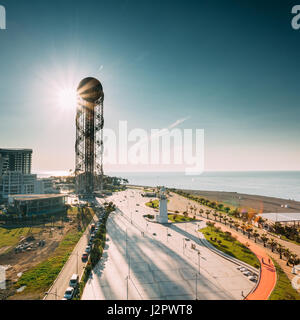 Batumi, Adjara, Georgia. Aerial View Of Promenade At Sunset. Famous Alphabet Tower. Stock Photo