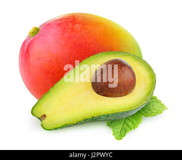 Isolated fruits. Half of avocado and whole mango fruit isolated on white background with clipping path Stock Photo
