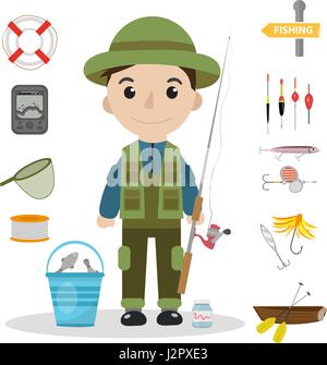 Fishing icon set, flat, cartoon style. Fishery collection objects, design elements, isolated on white background. Fisherman s tools with a fishing rod, tackle, bait, boat. Vector ilustration Stock Vector