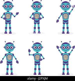 Cartoon mascot robot, robot character. Robot in different poses. Robot mascot logo. Vector illustration. Stock Vector