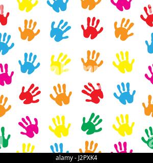 Children s hands, hand prints seamless texture. Children s palms background wallpaper. Vector illustration. Stock Vector