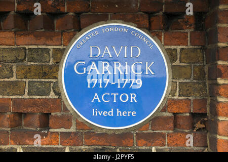 The Blue Plaque on the garden wall of the house where actor David Garrick lived in, in Hampton Middlesex, between 1717 and 1779. UK. Stock Photo