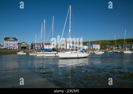 Aberaeron - a charming Georgian port town on the Cardigan Bay coast of West Wales. Yachts and motor Boats anchored in the harbour Stock Photo