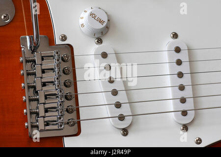 Macro of electric guitar strings and single pickup and pickguards Stock Photo