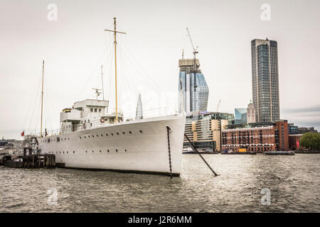 HQS Wellington moored at Temple Stairs, Victoria Embankment, London, UK Stock Photo