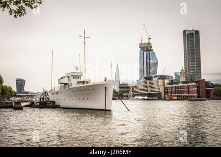 HQS Wellington moored at Temple Stairs, Victoria Embankment, London, UK Stock Photo