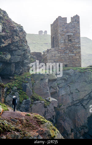 The preserved ruins of the Crowns tin mine winding house at Botallack on the north coast of Cornwall, England Stock Photo