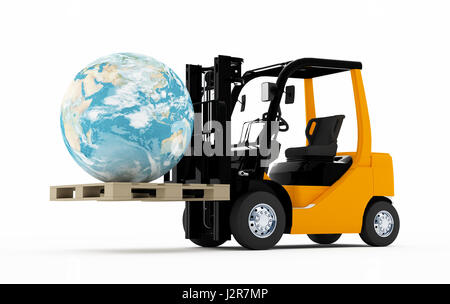 3D Forklift truck with a world on a pallet Stock Photo