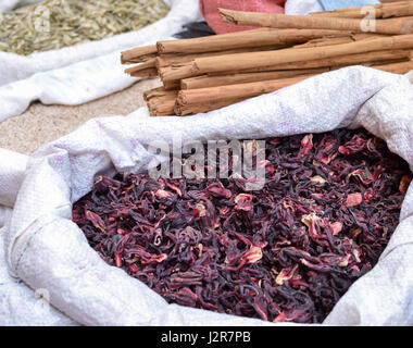 Hibiscus and cinnamon at the traditional market in a small colonial town of Totonicapan, Guatemala. Hibiscus, also called Jamaica, is the most traditi Stock Photo