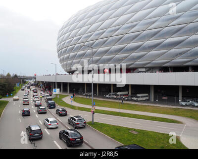 Munich, Germany - 22 April 2017: Traffic jam outside the parking lots of Allianz Arena football stadium in Munich, Germany. With 75'000 seats, Allianz Stock Photo