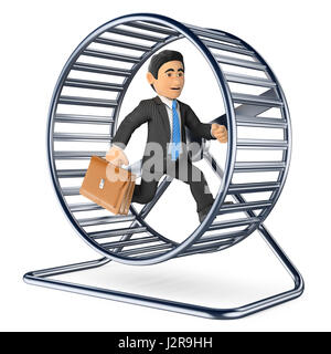 3d business people illustration. Businessman running on a hamster wheel. Isolated white background. Stock Photo