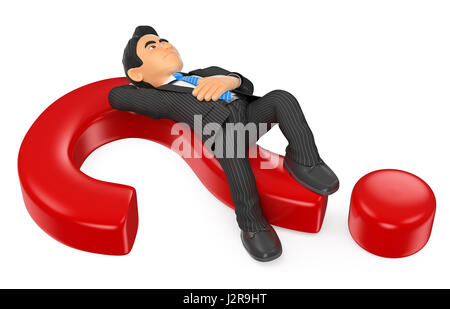 3d business people illustration. Businessman thoughtful lying on a question mark. Isolated white background. Stock Photo