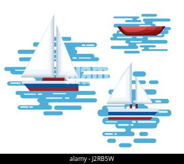 Set of little boats and buoys with blue sea background and isolated on white. Side view illustration. Stock Vector