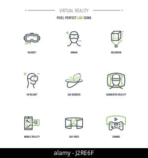 VR icon set. Line style thin and thick outlines vector. Glasses, headset, helmet, 360 degrees icon, joystick and other objects related to virtual real Stock Vector