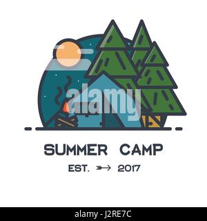 Summer camp flat style line logo or emblem. Fir Tree woods, camp tent with campfire. Moon and clouds with stars. Wilderness poster and placard. Night  Stock Vector