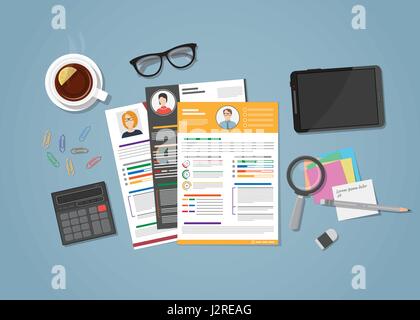 Flat realistic colored CV, resume in various style. Workspace with distributed office objects on it. Tea cup, tablet, glasses with calculator, magnifi Stock Vector