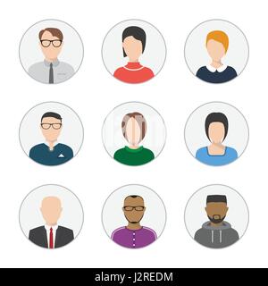 Set of vector flat style people faces. Characters portraits and avatars, freelancer, businessman with tie and jacket, and secretary faces both men and Stock Vector
