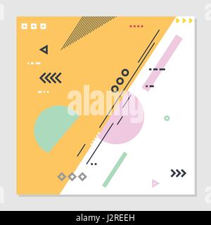 Geometrical suprematism abstract background. Geometric shapes, elements with signs, arrows and lines. Retro color memphis style. Minimalist decoration Stock Vector