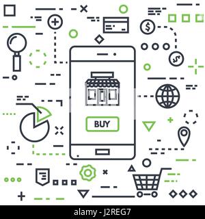 Mobile marketing concept. Line flat style vector illustration. Mobile phone with buy button and online store shop. Lines and dots on background. Cart, Stock Vector