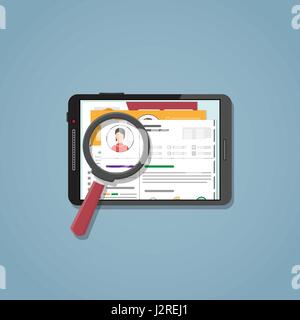 Set of CV on tablet in flat style for recruitment. Search engine system resume of different people to choose employee for your post. The concept of hi Stock Vector