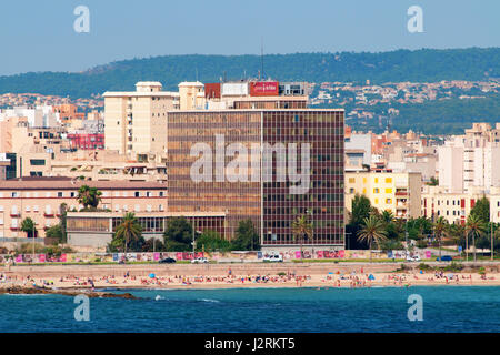 Buildings. hotels (hotel) homes and beach around the port of Palma de Mallorca, Island of Majorca, Balearic Islands, Spain, Europe. Stock Photo