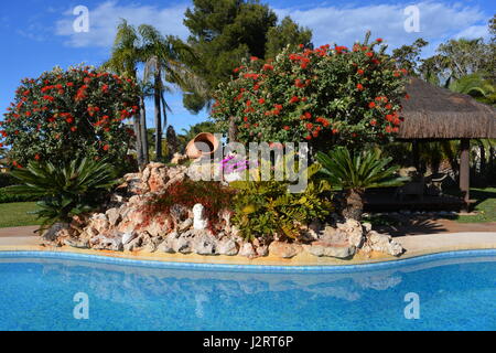 Swimming pool and rockery in Spring,  a garden on the Costa Blanca, Spain Stock Photo